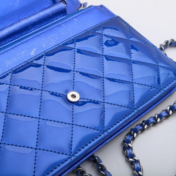 Chanel Bright Blue Boy Patent Leather Wallet On Chain - Picture 13 of 15